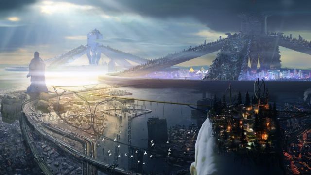 Map of a portrait of a future city.  In the background, a dim light looks like a moving waterfall, with a large statue on one side.  The sun’s rays appear from behind the clouds, illuminating the large three-legged buildings