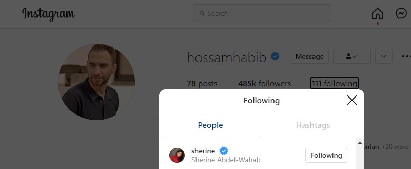 Hosam Habib follows Sherin on Instagram