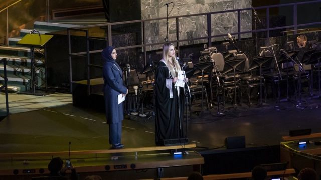 Dana Al Fardan, Qatar Director Amal Al Mufta and the Qatar Philharmonic Band during the 2019 United Nations Day celebrations at the United Nations Headquarters in New York