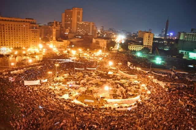 In February 2011, protesters sat in Tahrir Square in Cairo