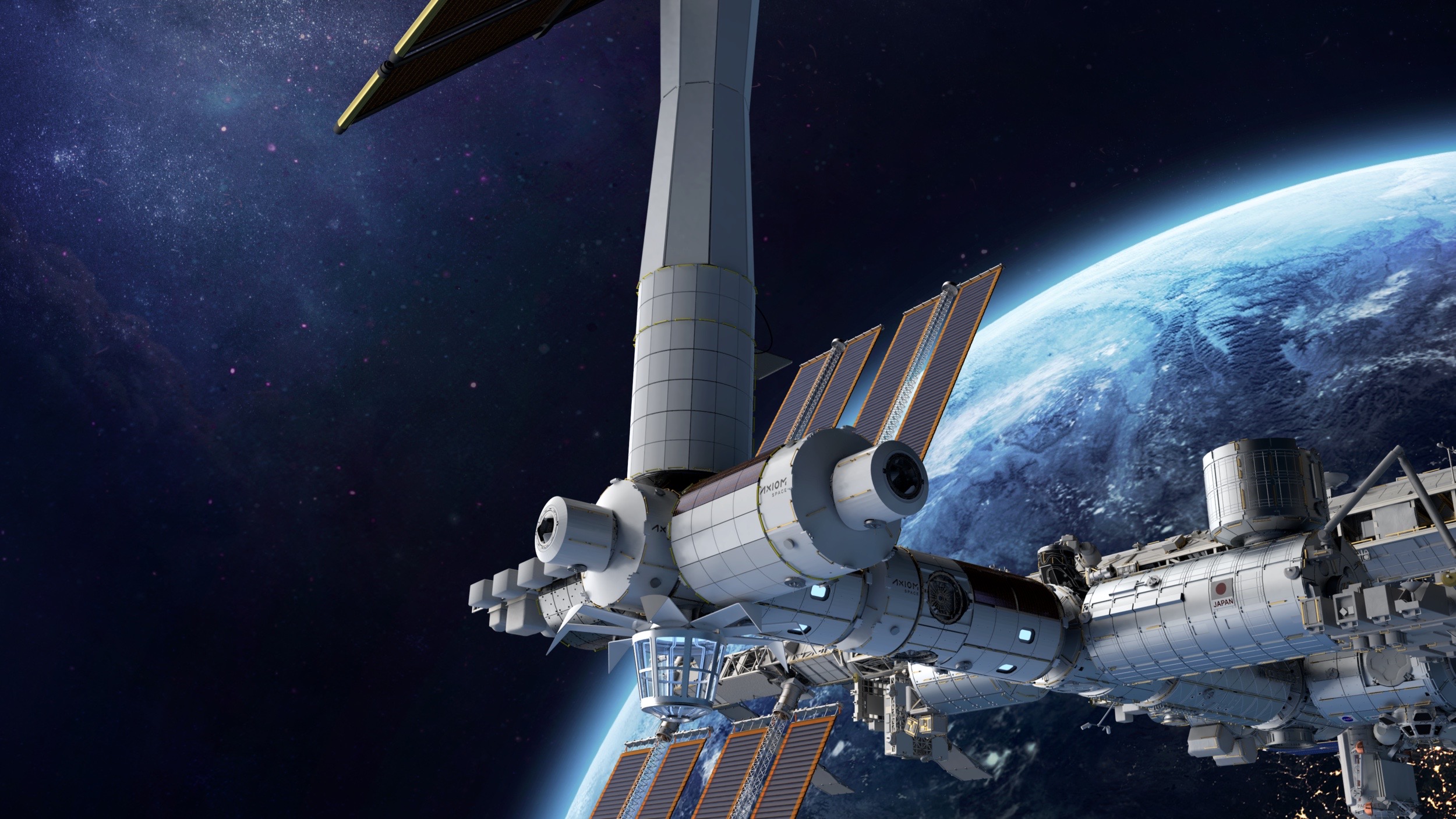 Houston-based Axiom space is an artist's portrait of a space station planned to be built into Earth's orbit.