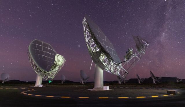 Fifteen of the 64 meals from the Mirkat Radio Telescope under the starry sky in Karu, South Africa. 