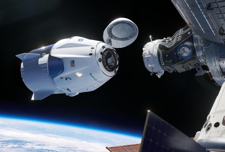 The SpaceX Crew Dragon spacecraft approaches the International Space Station