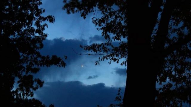 The two planets are seen side by side among the trees in the light before dawn