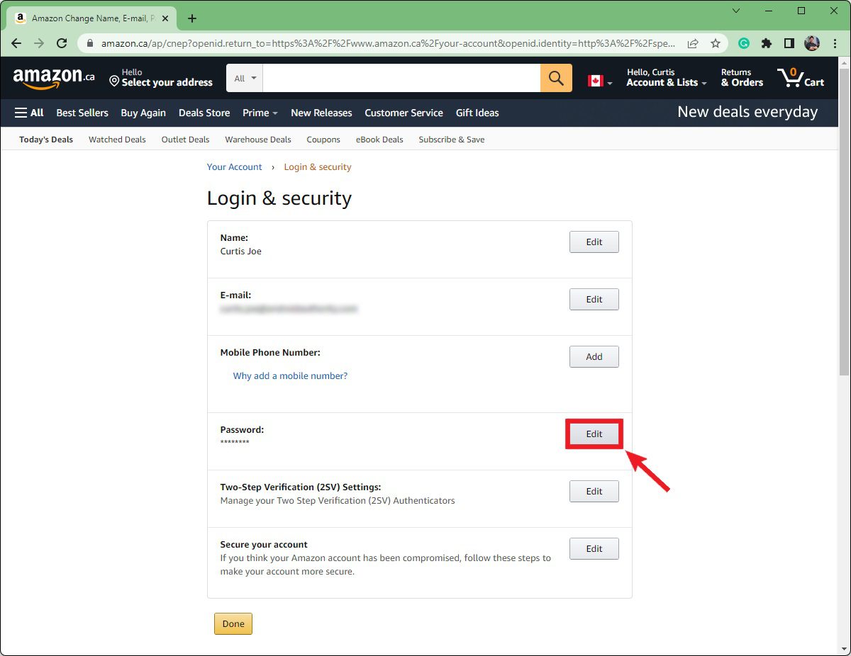Amazon password correction