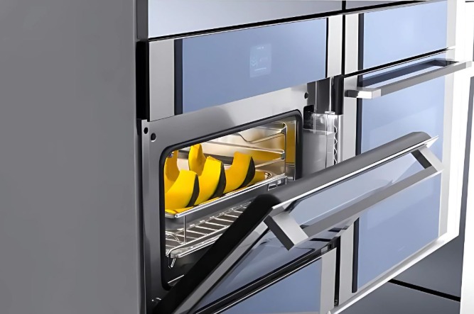 A stainless steel built-in oven, a modern home appliance, with black accents and sliced squash inside.