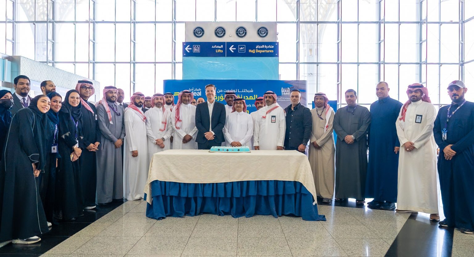 Pictured celebrating flyadeal's Madinah route expansion are, from left: Captain Abdulaziz Bahri, flyadeal Chief Operating Officer; Rogier van Enk, flyadeal Chief Commercial and Customer Officer; Eng. Abdullah Alraimi, Chief Operations Officer of Tibah Airports which runs Madinah Airport; and Eng. Alaa Mohammed, Airport Operations Director.