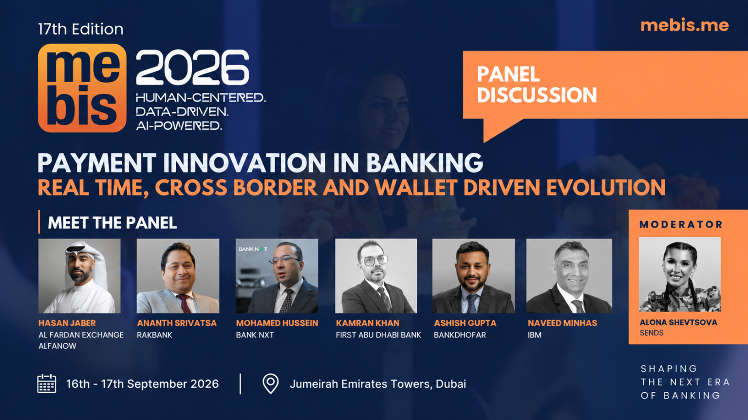 Alona Shevtsova to moderate Payments Innovation Panel at MEBIS 2026 in Dubai MEBIS 2026 Payment Innovation in Banking panel, moderated by Alona Shevtsova of Sends