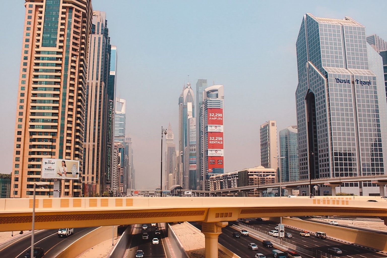 Skyscrapers and an elevated highway in Dubai